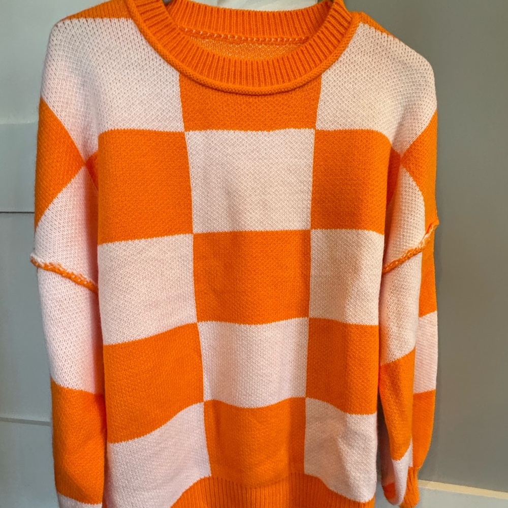Orange and White Checkered Women's Sweater